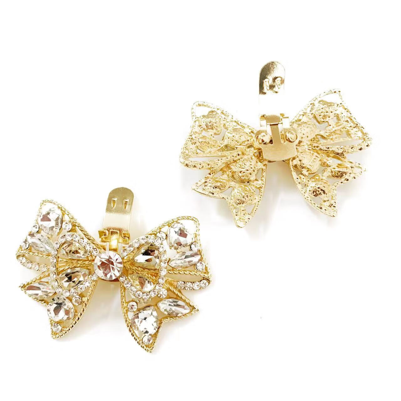 可拆卸蝴蝶结鞋饰高跟鞋婚鞋配饰鞋头鞋面装饰扣合金水钻 M782金色鞋夹款一个