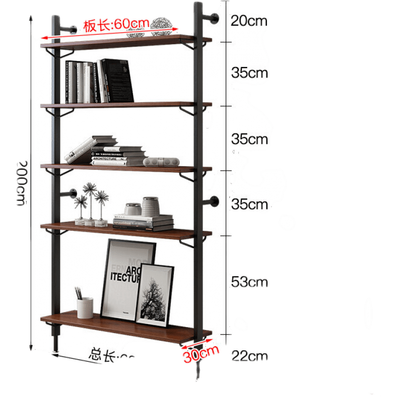 可定做 精甄 实木意式书架书柜客厅铁艺工业风收纳置物架简约落地靠墙储物架子 四层架:68*30*200cm高 组装