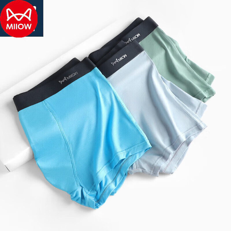 猫人（MiiOW）莫代尔32支男士内裤棉感透气平角裤衩3条装 黑色+浅灰+宝蓝【3条装】 XL【100-120斤】