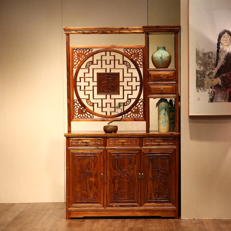 根华夏客厅屏风实木玄关隔断柜中式入户玄关屏风南榆木柜子仿古中式