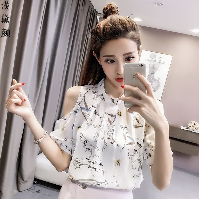 夏季新款时尚女装衣服雪纺衫2022夏装新款露肩碎花雪纺女上衣半袖性感显瘦遮肚打底衫 白色 XL 【120-130斤】怎么看?