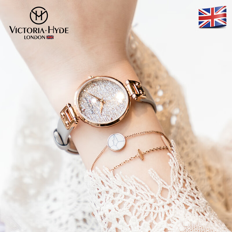 VICTORIA·HYDE火花手表女小众满天星手表学生时尚潮流钢带小表盘女表石英表 玫瑰金盘灰色皮带