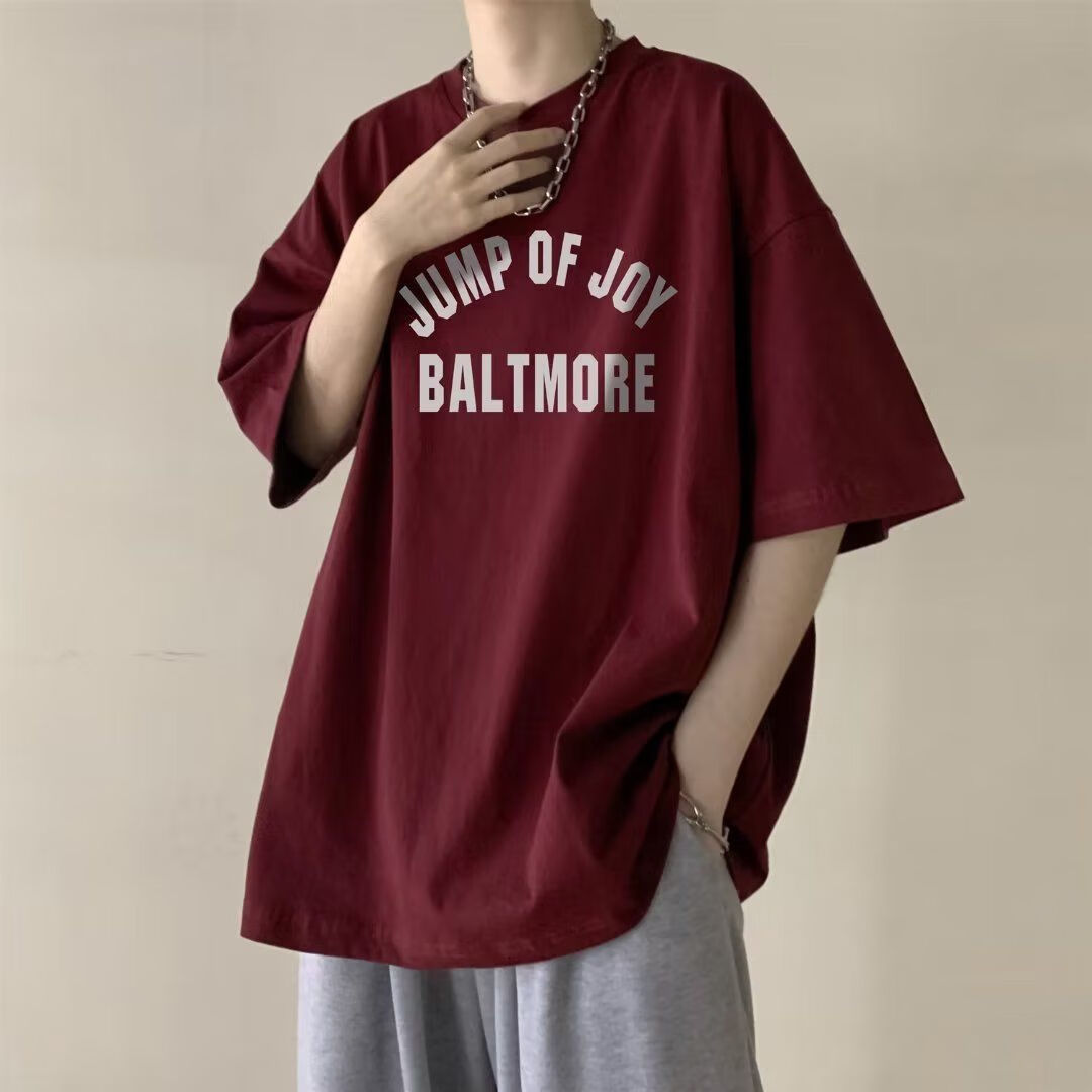 moring bull配牛仔裤的上衣男酒红色美式短袖t恤潮牌夏季新款oversize