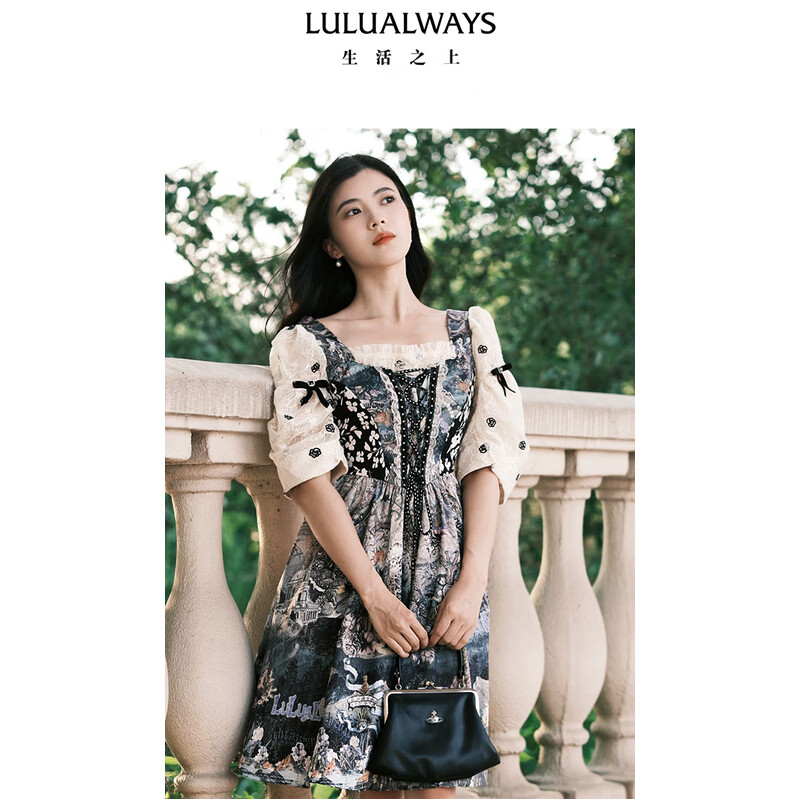 LULUALWAYS我爱露露25秋季新款复古优雅绑带公主风短款印花连衣裙宴会晚礼服 紫色 M