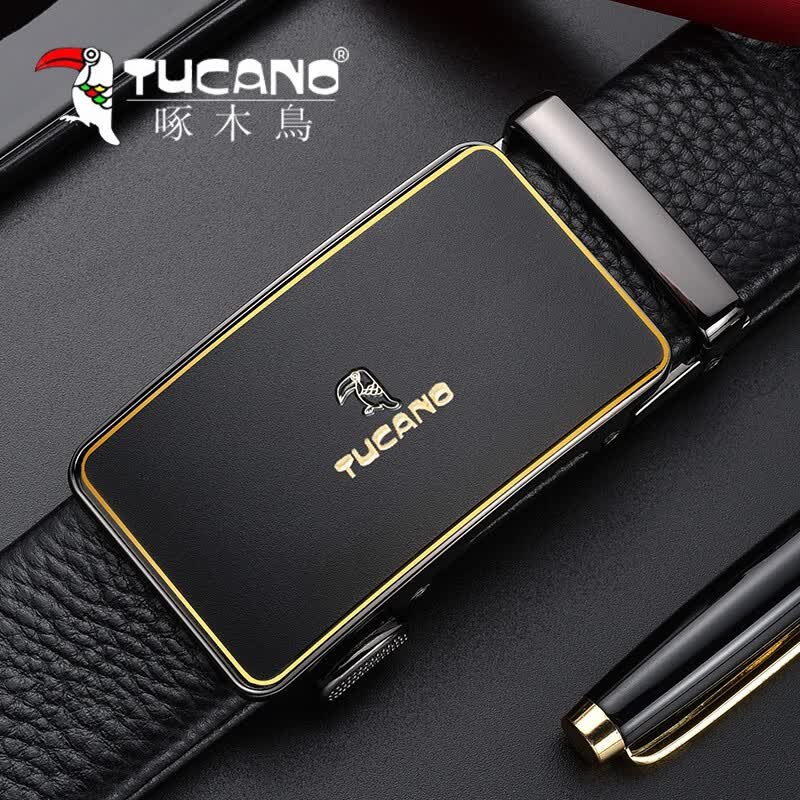 啄木鸟（TUCANO）皮带男士头层纯牛皮自动扣腰带纯牛皮裤带生日礼物送父亲送老公 金色 高档礼盒