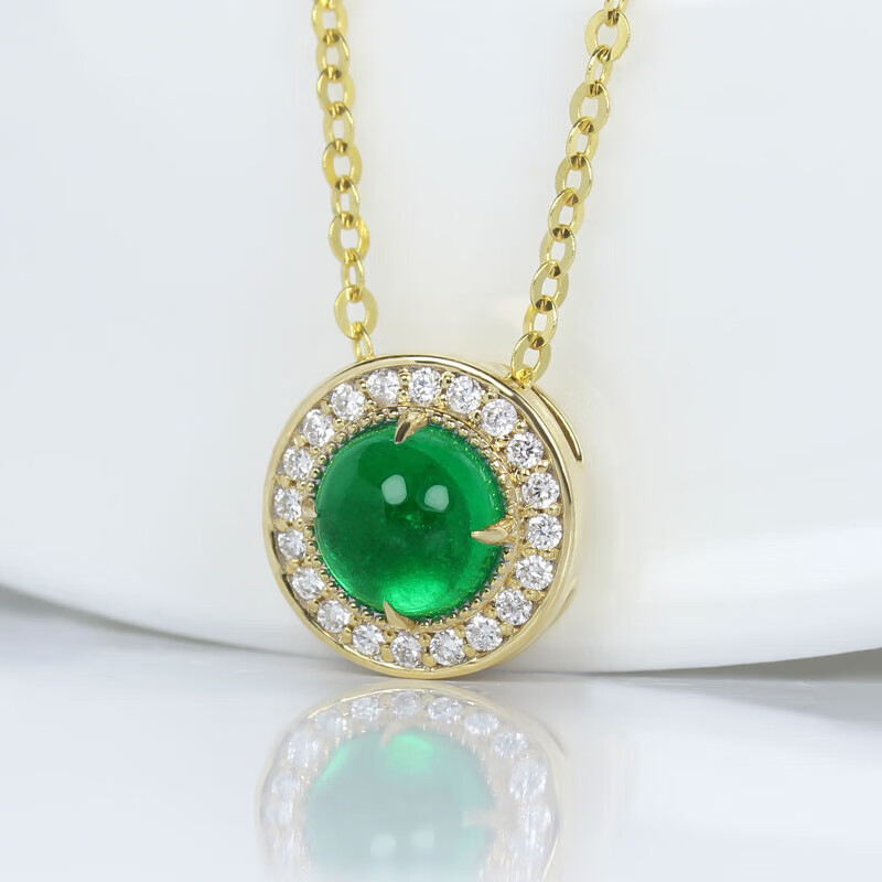 魏天选1克拉祖母绿项链女绿色宝石蛋面镶钻石圆形吊坠珠宝首饰送老婆