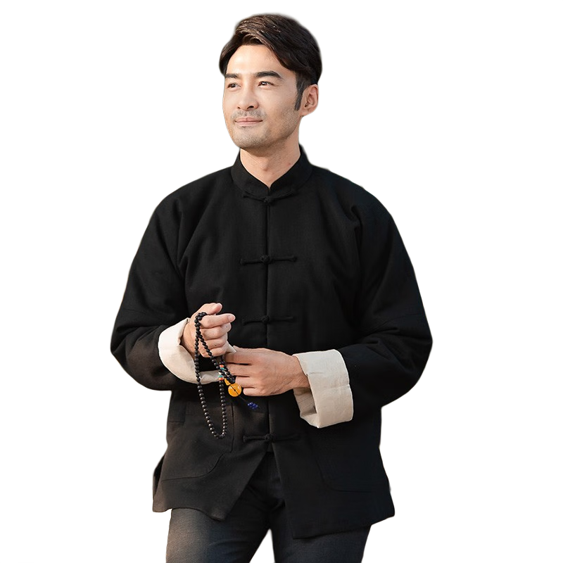 瑞蚨祥唐装男棉衣外套中国风中老年涤麻棉服手工盘扣复古休闲上衣外套男 黑色 S