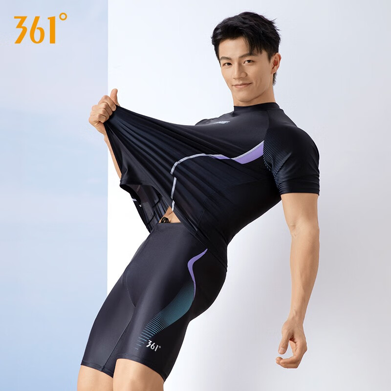 361°泳衣男士套装泳衣青少年成人男生大码游泳上衣男款泡温泉泳裤套装 黑色【单件短袖上衣】 L 身高165-175cm体重50-65kg