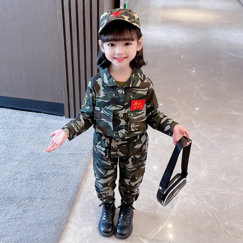 迷彩服套装中小学生短袖长裤衣服男女童军训团队拓展服演出 绿色 帽子