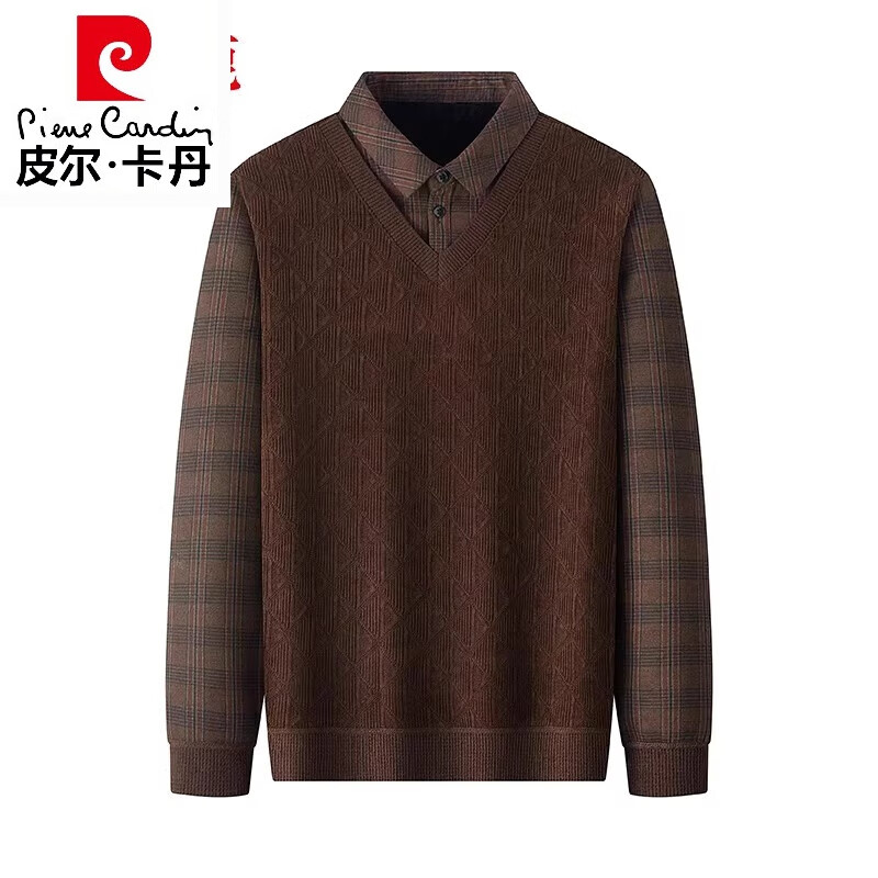 皮尔卡丹（pierre cardin）高档羊毛针织衫加绒加厚假两件毛衣冬装中年爸爸一体绒打底衫上衣 Y805深咖 16590斤到120斤 京东折扣/优惠券