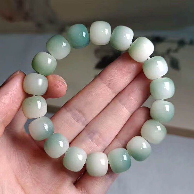 卡莱文阴皮渐变绿白玉菩提根手链菩提子手串文玩手持男绕指柔盘玩佛珠