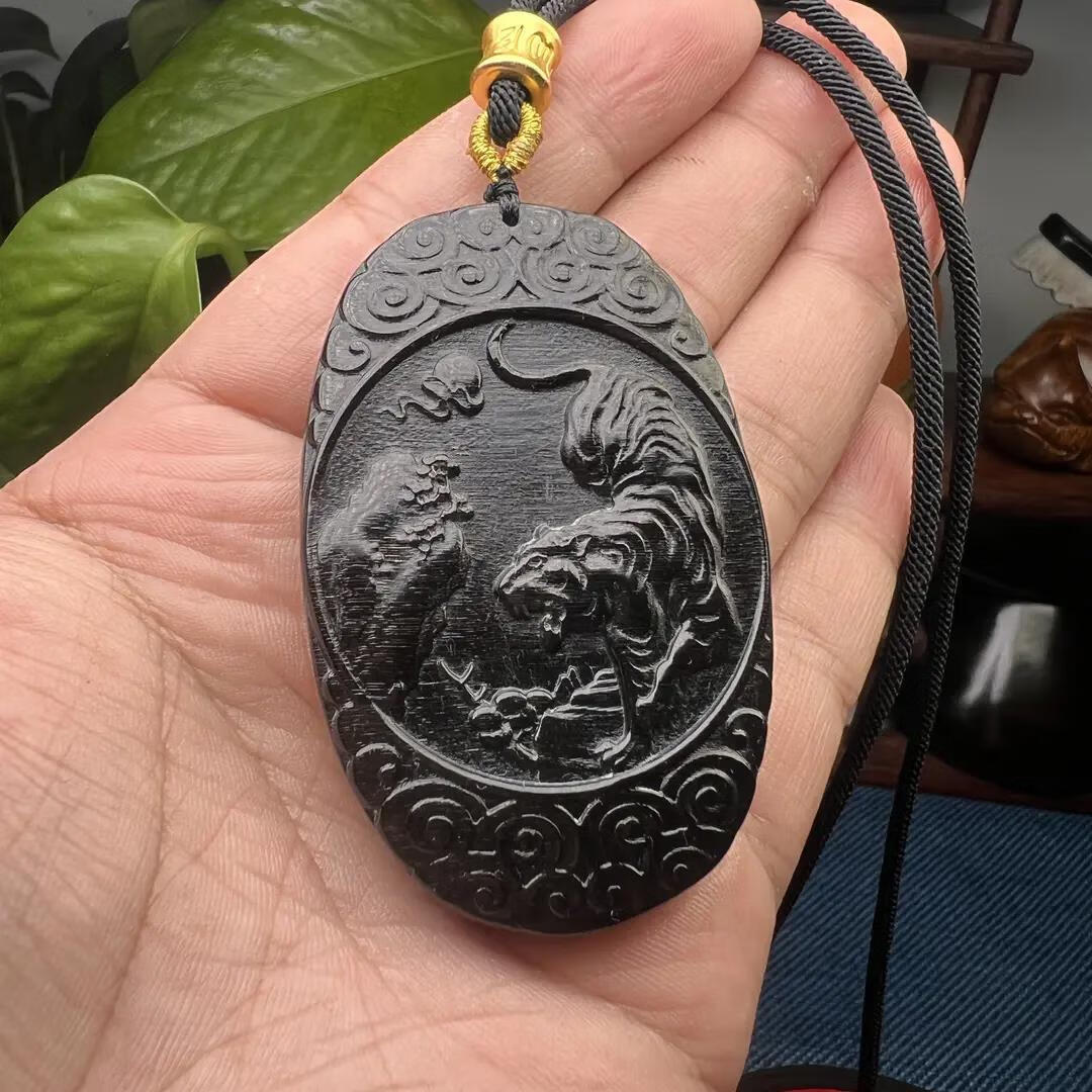 彩陌(cqmo) 黑驴蹄子三界吊坠 黑驴蹄儿黑金老料雕刻虎牌护身符男女款