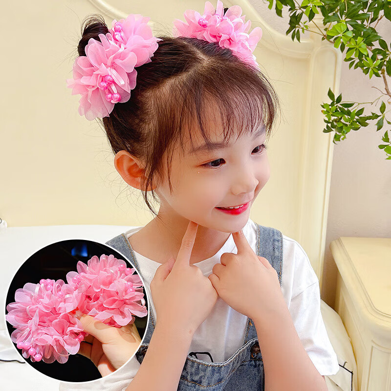 刘潮布儿童配饰扎头发花带可爱头花发饰公主小女孩丸子珠花 一对粉色