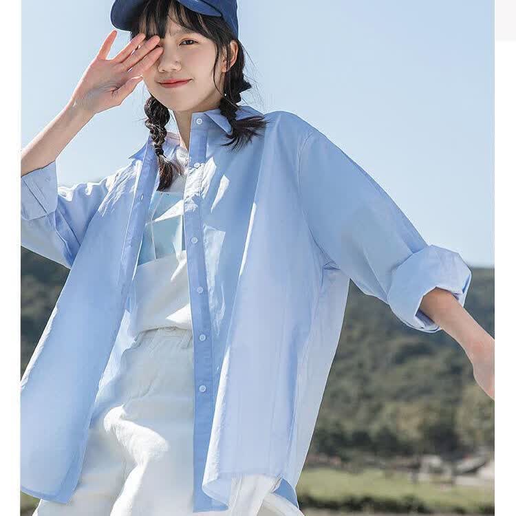 衬衫女2022春季新款百搭小清新上衣韩版宽松防晒衬衣外穿外套 浅蓝色