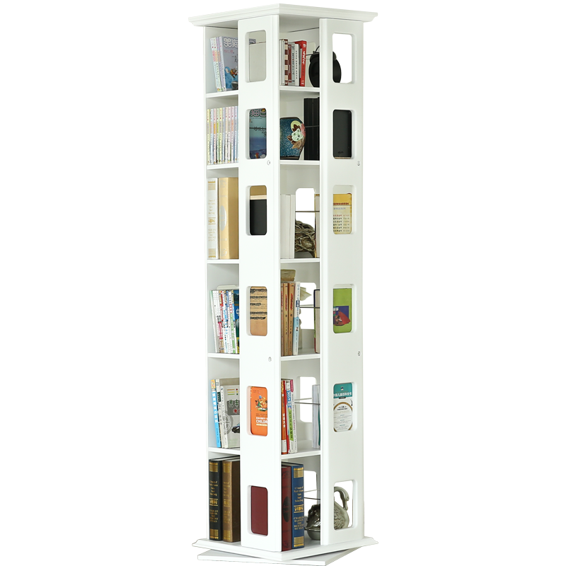 香木语 现代简约实木榉木旋转书架360度学生简易创意落地书架置物架A4-2六层白色