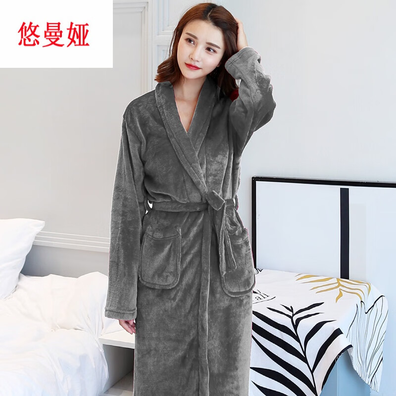 悠曼娅秋冬季加厚法兰绒浴袍睡衣男女士珊瑚绒睡袍子装浴衣情侣家居服 深灰女 L(适合95-135斤) 京东折扣/优惠券