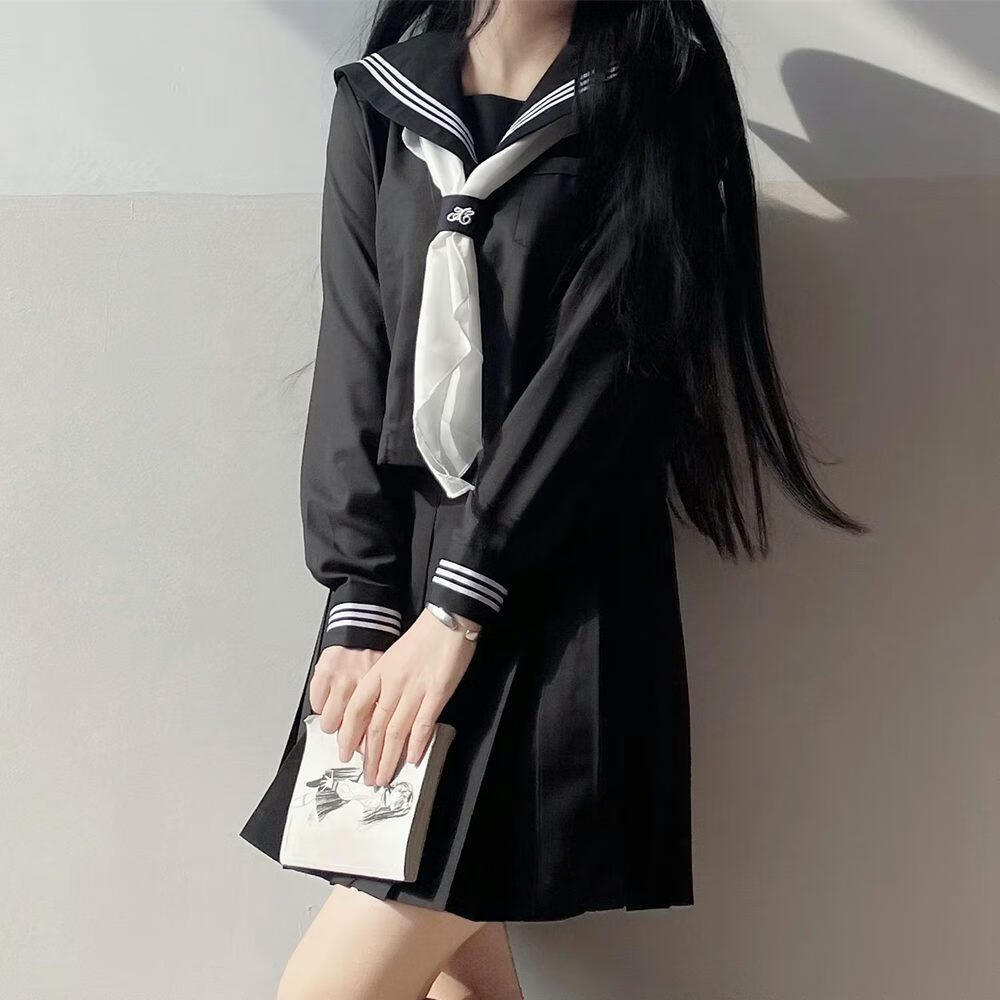 ukcf正统黑三本基础款jk制服套装水手服 黑色三本长袖 短裙   s