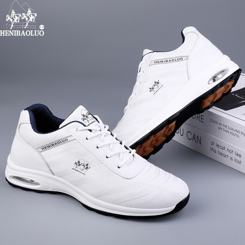 【头层牛皮】赫尼保罗运动鞋男真牛皮软底冬季男鞋新款韩版百搭透气商务休闲鞋头层牛皮户外旅游鞋男 白色 40标准皮鞋码