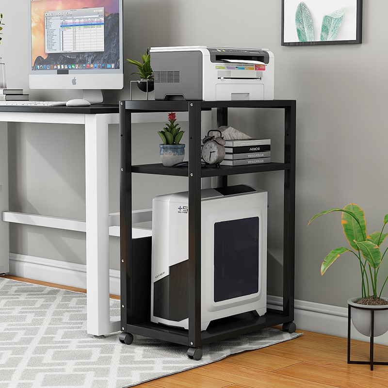 元良电脑主机托架双层 台式机箱放置架办公室置物架拖架可移动打印机落地架 A款【白架+暖白色】55*30*75
