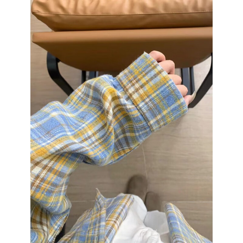 雷黛茜格子衬衫女款春秋休闲蓝色衬衣外套休闲长袖上衣女设计感小众显瘦 淡蓝色格子 #125 【面料】 S 建议95斤内