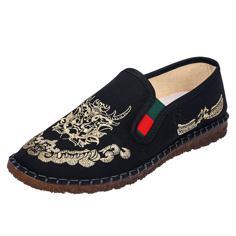 布舍元（BUSHEYUAN）中国风刺绣牛筋底青年国潮鞋一脚蹬休闲开车单鞋老北京布鞋男刺绣 311-9020黑色 40