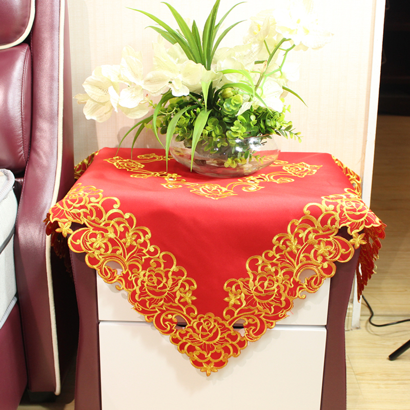 床头柜红色喜庆盖布防尘罩结婚方形盖巾桌布 亮金玫瑰 正方：85*85cm