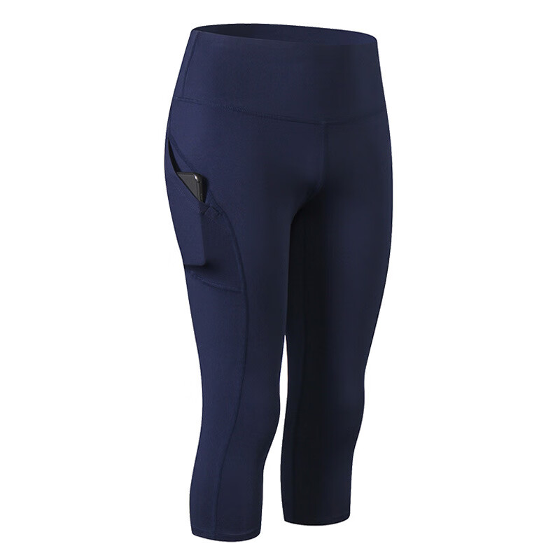 凯逸弗（kainifu）女士瑜伽裤口袋健身跑步运动弹力速干裤高腰提臀紧身七分裤 藏青色 S