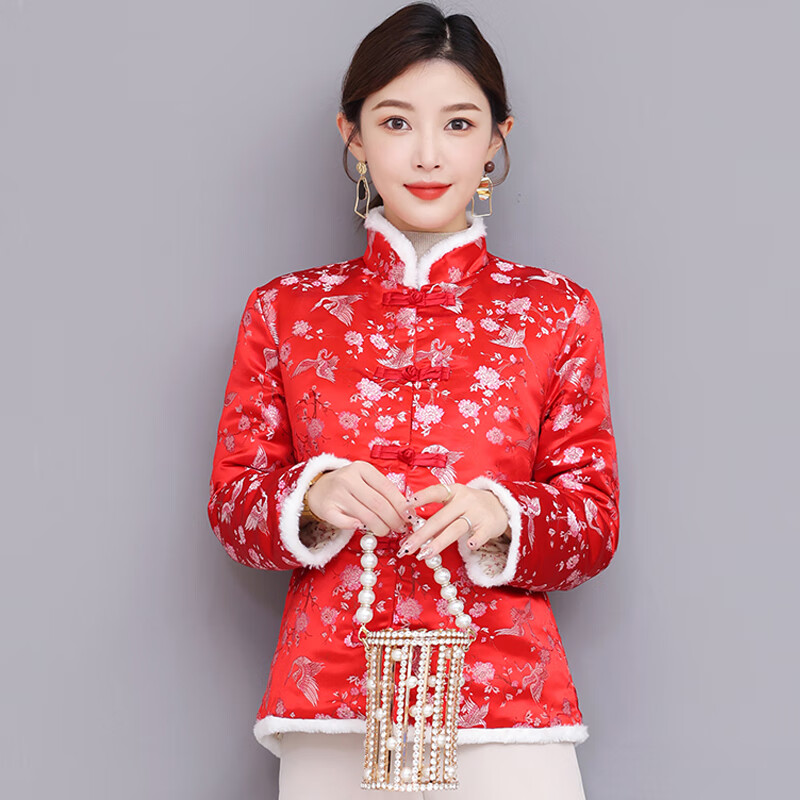 秉藜唐装小棉袄女加厚新年过年唐装女装红色汉服改良冬季棉衣中式棉服
