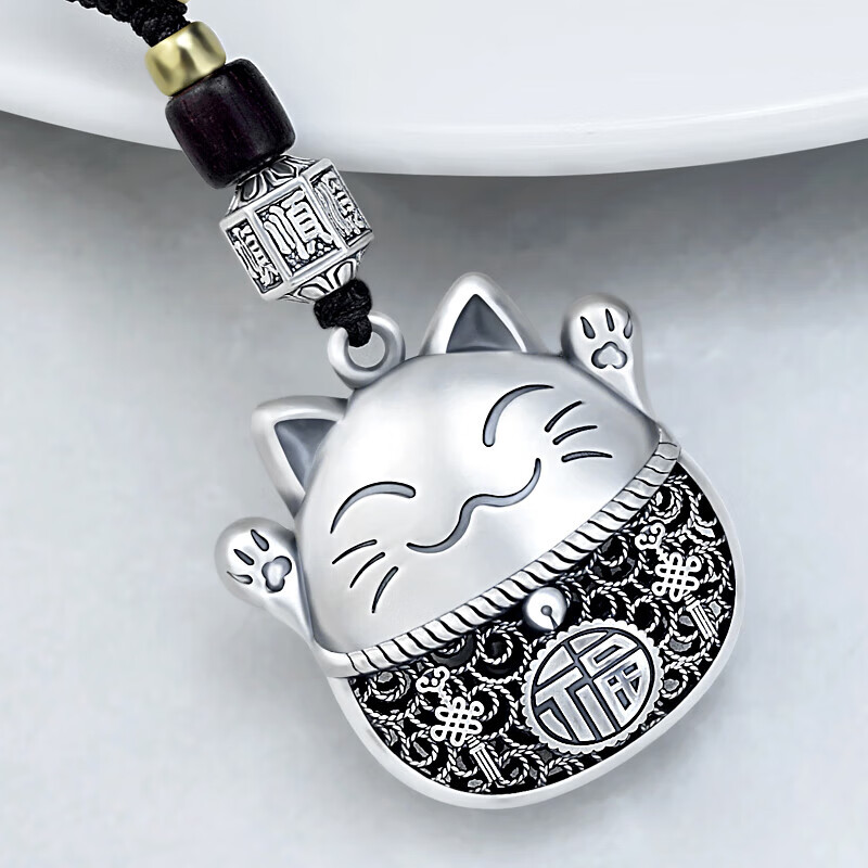 999银猫汽车钥匙挂件男女创意足银手工钥匙链包挂可爱 纯银猫 包装