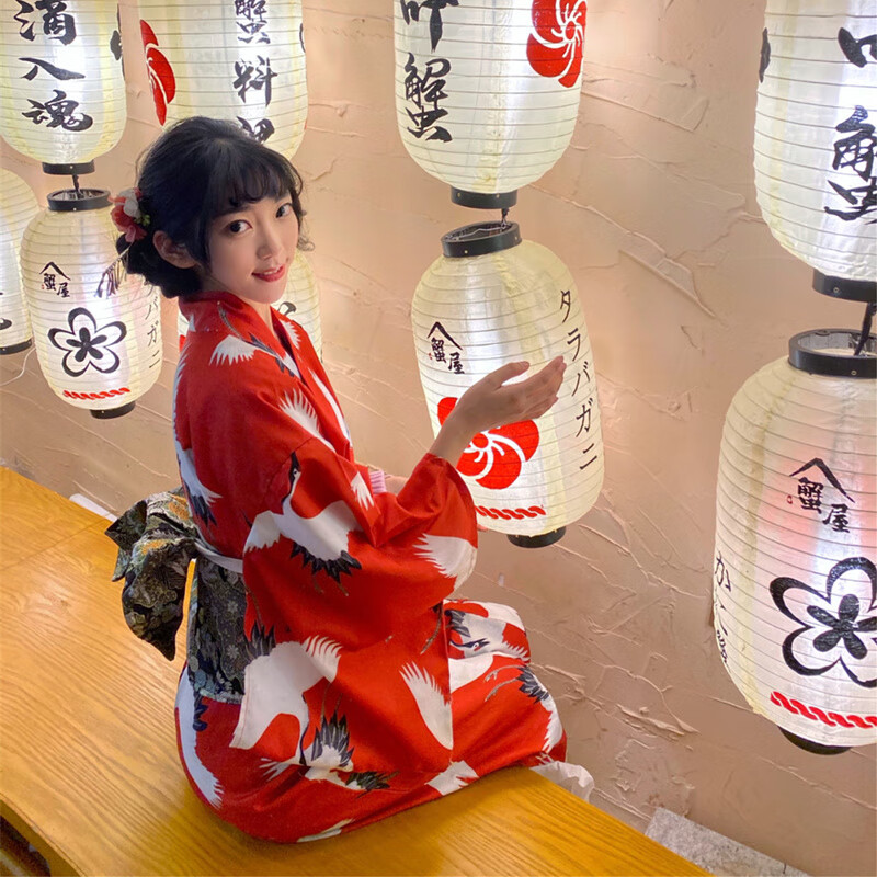 蓝卡丽姿（LANCARISAY）和服女正装日本日式雀可爱士浴衣红色仙鹤印花旅游复古写真改良服 和服腰封扇子 均码