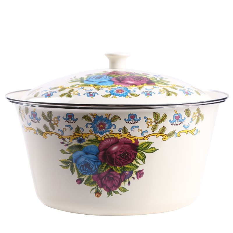 思米花搪瓷盆帶蓋加厚懷舊老式家用廚房裝豬油盆餃子調味缸熬中藥搪瓷碗 M圖案隨機