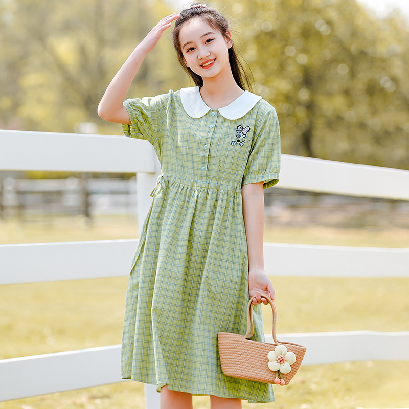 方糖姑娘少女网格连衣裙夏季新款大童初中学生高中女生学院风裙子
