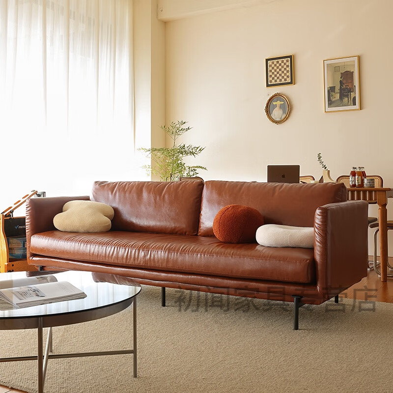 悦笙纪 北欧沙发高脚油蜡皮复古轻奢客厅直排焦糖色皮艺小户型皮沙发