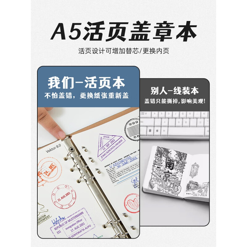 旅行打卡盖章收集空白本高颜值活页笔记本子旅游纪念集章手账本南京动物园北京博物馆景点印章故宫文创盖章本 蓝色/旅游盖章打卡吖【盖大章不透墨】