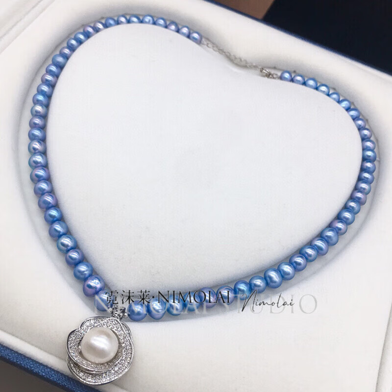 莆阳衍派女神节生日礼物  天繎akoya人鱼姬蓝玫瑰色珍珠项链 珠光透