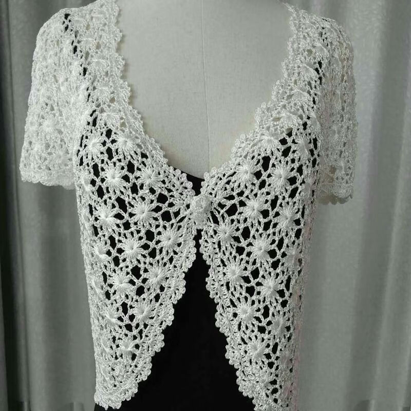 冉同女生夏天外搭冰织短袖开衫夏季百搭女小披肩手工钩花短外套冰丝针