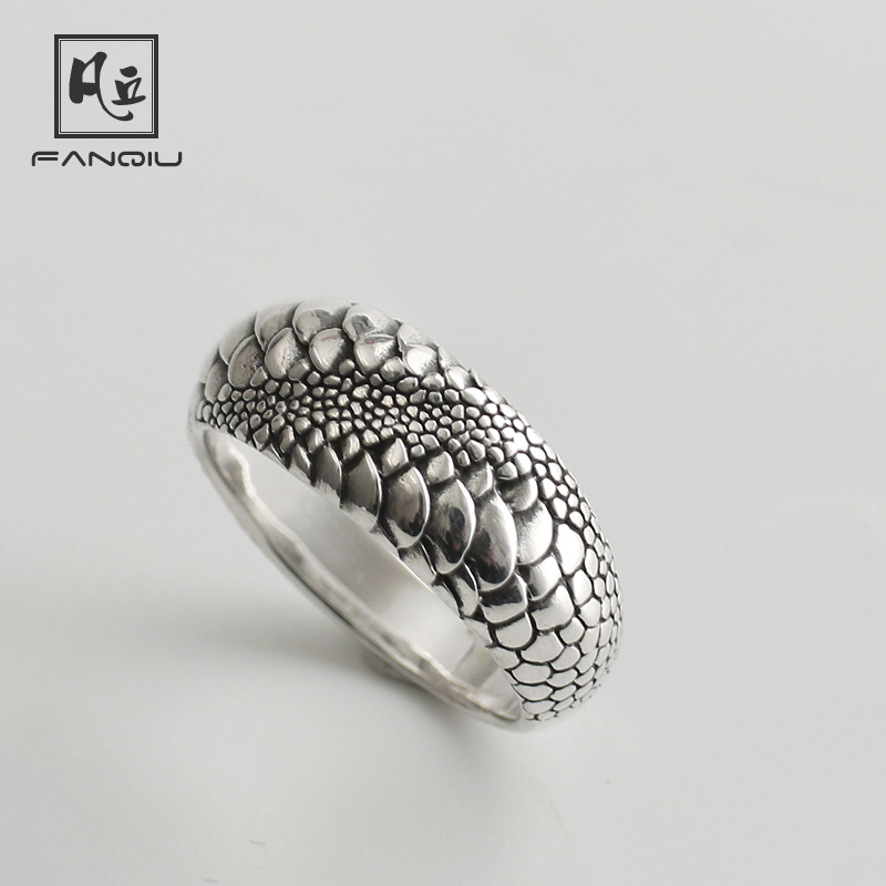 衔尾蛇鳞戒指 925银手工龙鳞戒指咔叽搭配情侣款指环 时尚男女银饰品