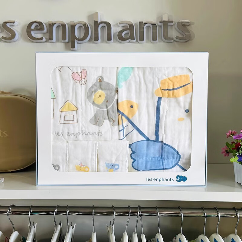 麗嬰房（Les enphants）商場新款兒童浴巾套裝禮盒新生兒滿月百日周歲純棉紗布被包巾 小熊+小鴨 均碼 0~14歲適用