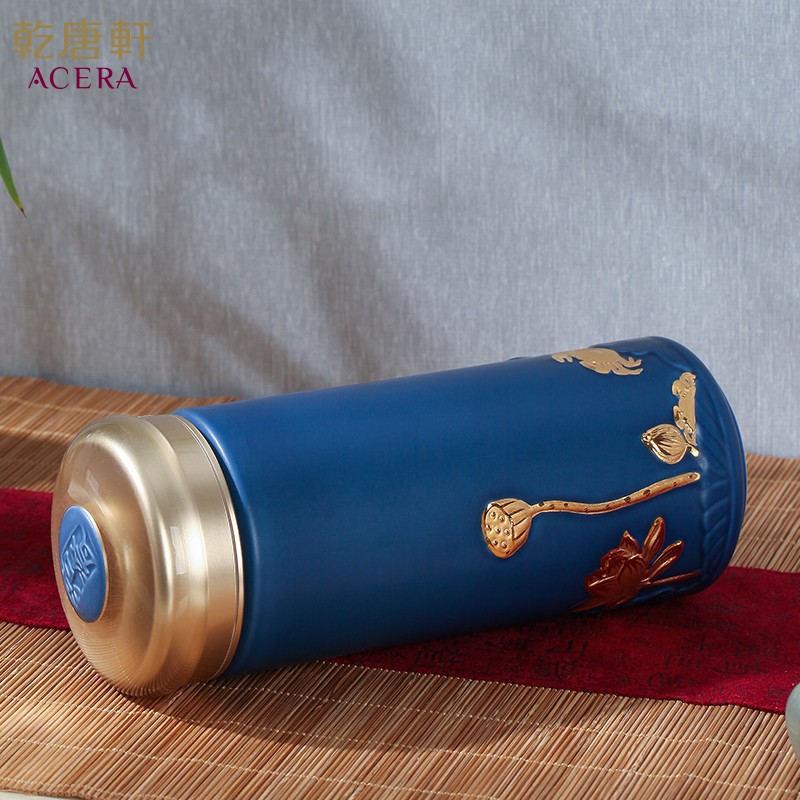 乾唐轩 【官方授权】活瓷杯和谐双层创意陶瓷杯子高颜值水杯礼盒装 无光蓝加金  