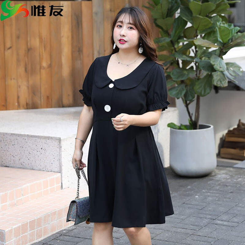 惟友大码女装胖mm连衣裙胖妹妹夏装胖子胖女人洋气雪纺裙 气质黑 p2