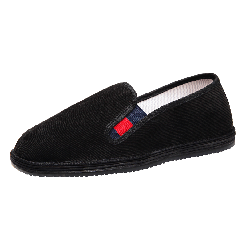 布舍元 一腳蹬工作鞋中老年老人鞋條絨千層底黑底老北京布鞋男士黑布鞋 93X-1026黑色 38