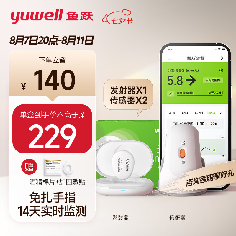 鱼跃（yuwell）安耐糖动态血糖监测仪免扎手指免采血家用血糖仪CT15套装（发射器*1+传感器*2）