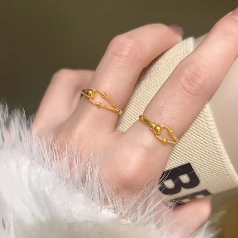 易昇黄金小链镯戒指女足金软镯软戒子时尚环环相扣开口指环生日送女友