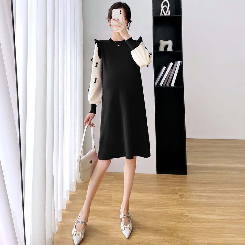 苒祺祺孕妇装冬季连衣裙2022新款时尚针织毛衣中长款遮肚假两件孕妇毛衣裙秋款 黑色 XL