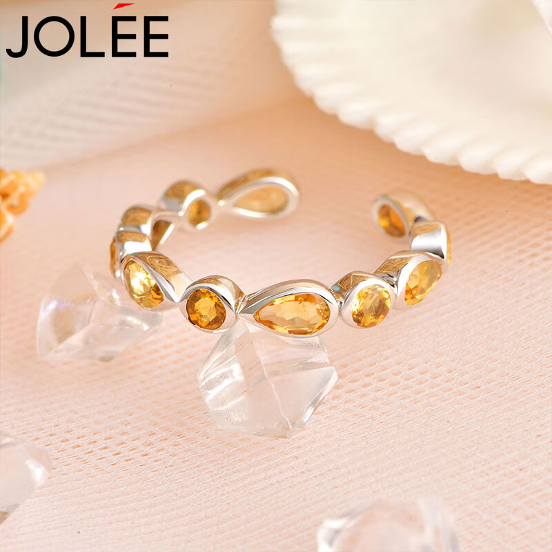 JOLEE戒指女S925银时尚简约黄水晶指环排戒均码饰品送女士节日礼物