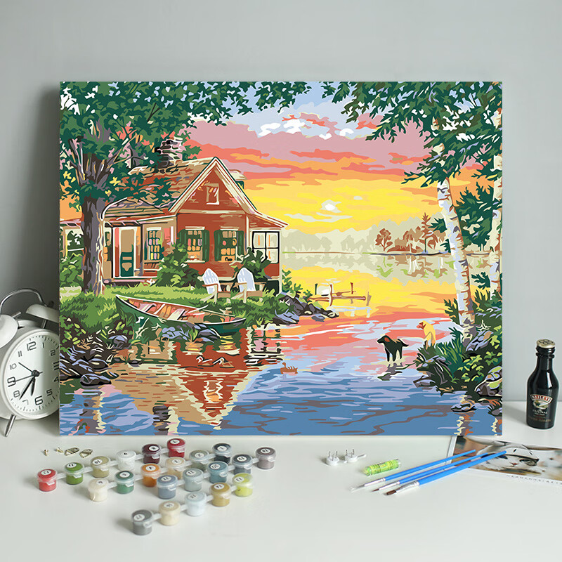 diy数字油画填色风景画北欧田园小屋手绘填充解闷手工油彩画 乡村小屋