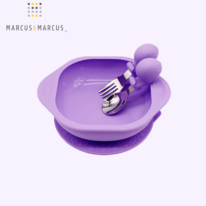 MARCUS&MARCUS marcus马库狮儿童训练餐具套装不锈钢勺叉硅胶吸盘辅食碗 紫色
