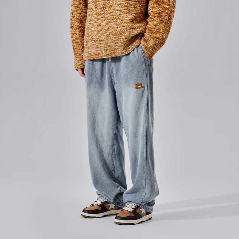 pso brand14盎司斜纹可爱小狗橡筋裤头牛仔裤男宽松直筒休闲长裤 水洗