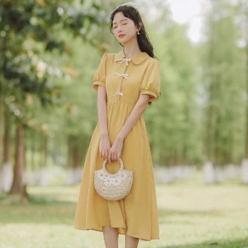 春天穿的矮小个子连衣裙女学生牛油果绿收腰仙装春夏夏天甜美少长裙子