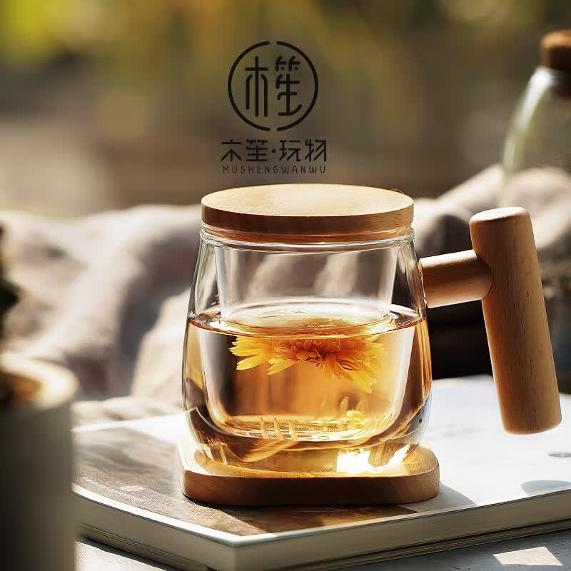木笙玩物 家用花茶水杯耐热玻璃杯女小清新办公室杯子茶水分离泡茶杯可爱 木笙圆趣杯T型2A